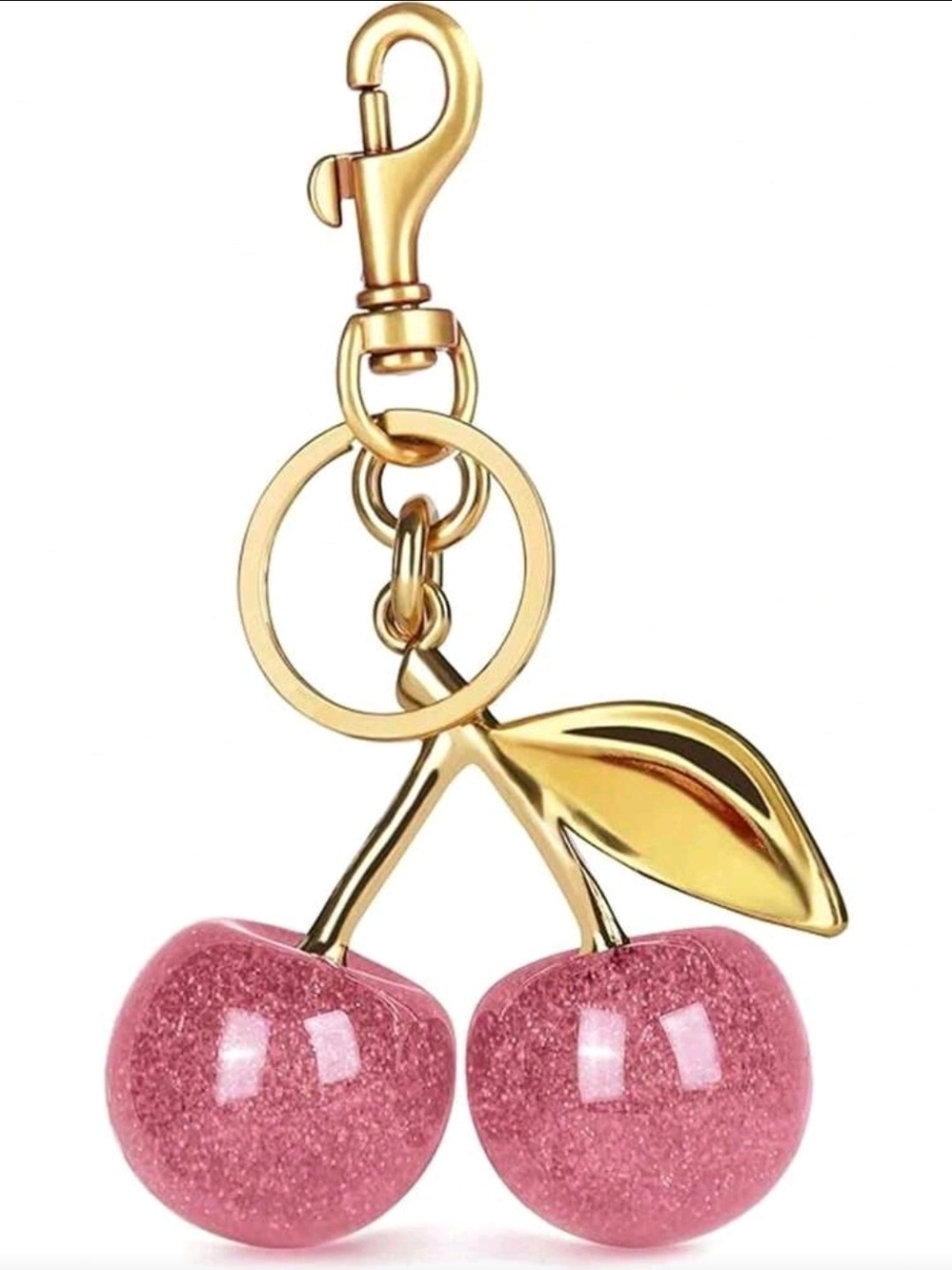 Gold-Tone Keychain with Pink Glitter Cherry Charms